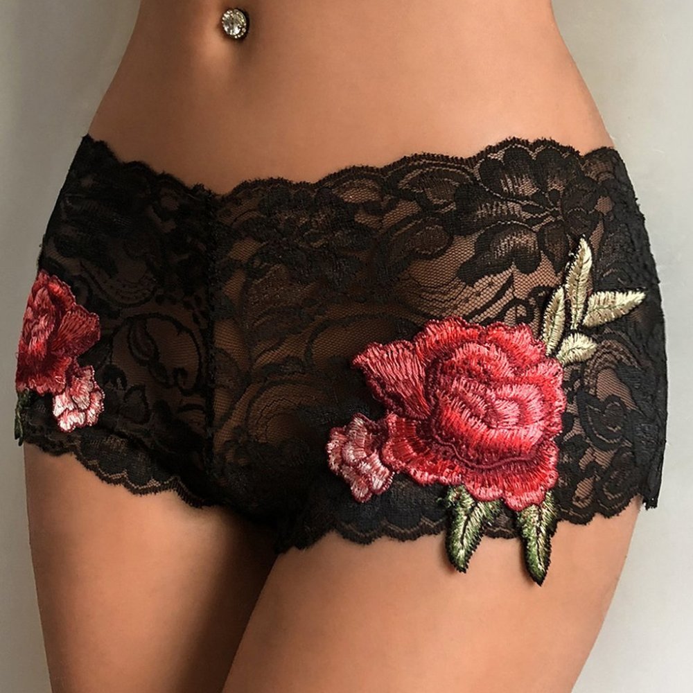 Black and Red Lace Floral Embroidery rose Panty Lingerie
